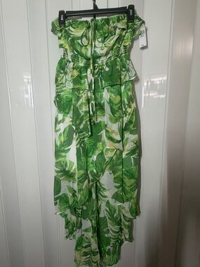 BCX Green Leaf Print Strapless Ruffle Maxi Dress